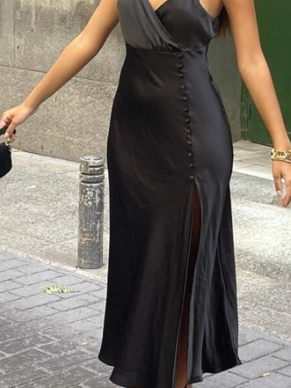 Zara Black Satin Slip Dress with Side Button Detail